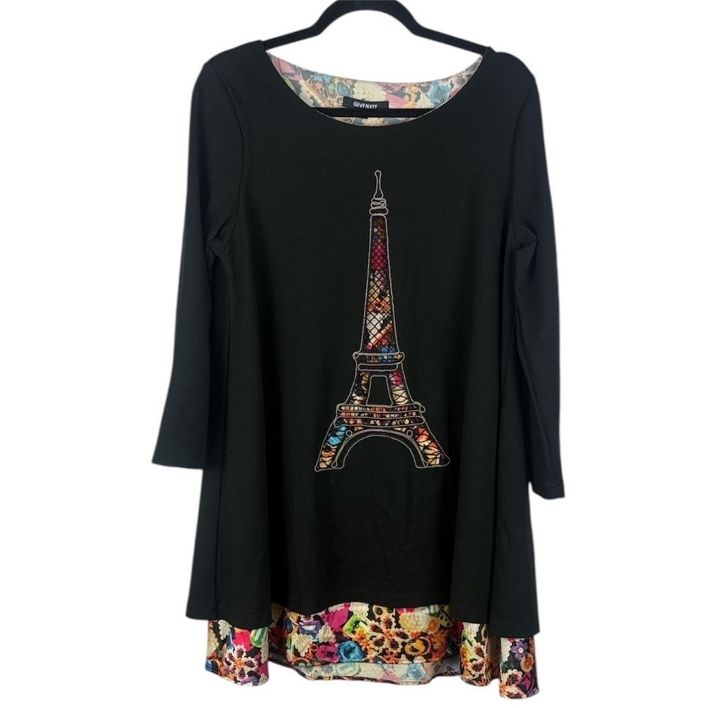 GIVFNXIY Black Eiffel Tower Patterned Layer Floral 3/4 Sleeve Tunic Top XXL